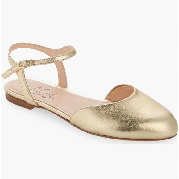 AGL Milly Ankle Strap Slingback Ballet Flats 37 7 Platino Gold Leather NEW $395 - Picture 4 of 14